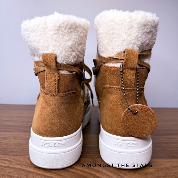 J/Slides Newbie Tan Suede Leather Faux Shearling Platform Booties Boots - Picture 9 of 10